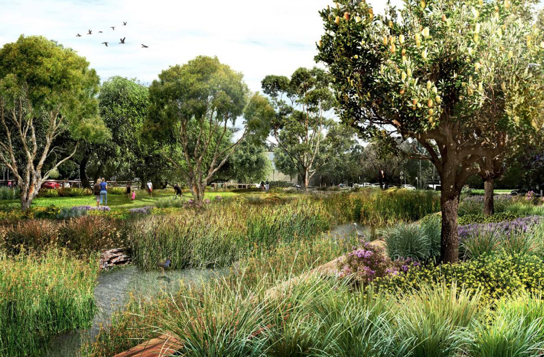 Artist impression of treatment wetlands and trunk drainage channels and creeks